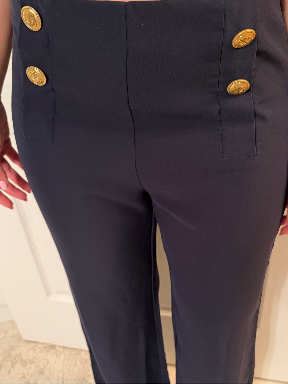 High-Rise Navy Wide-Leg Pants with Gold Button Detail